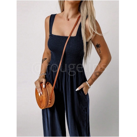 Navy Blue Jumpsuit Slant Pocket Wide Leg Shirred Bodice - Picture 2 of 10